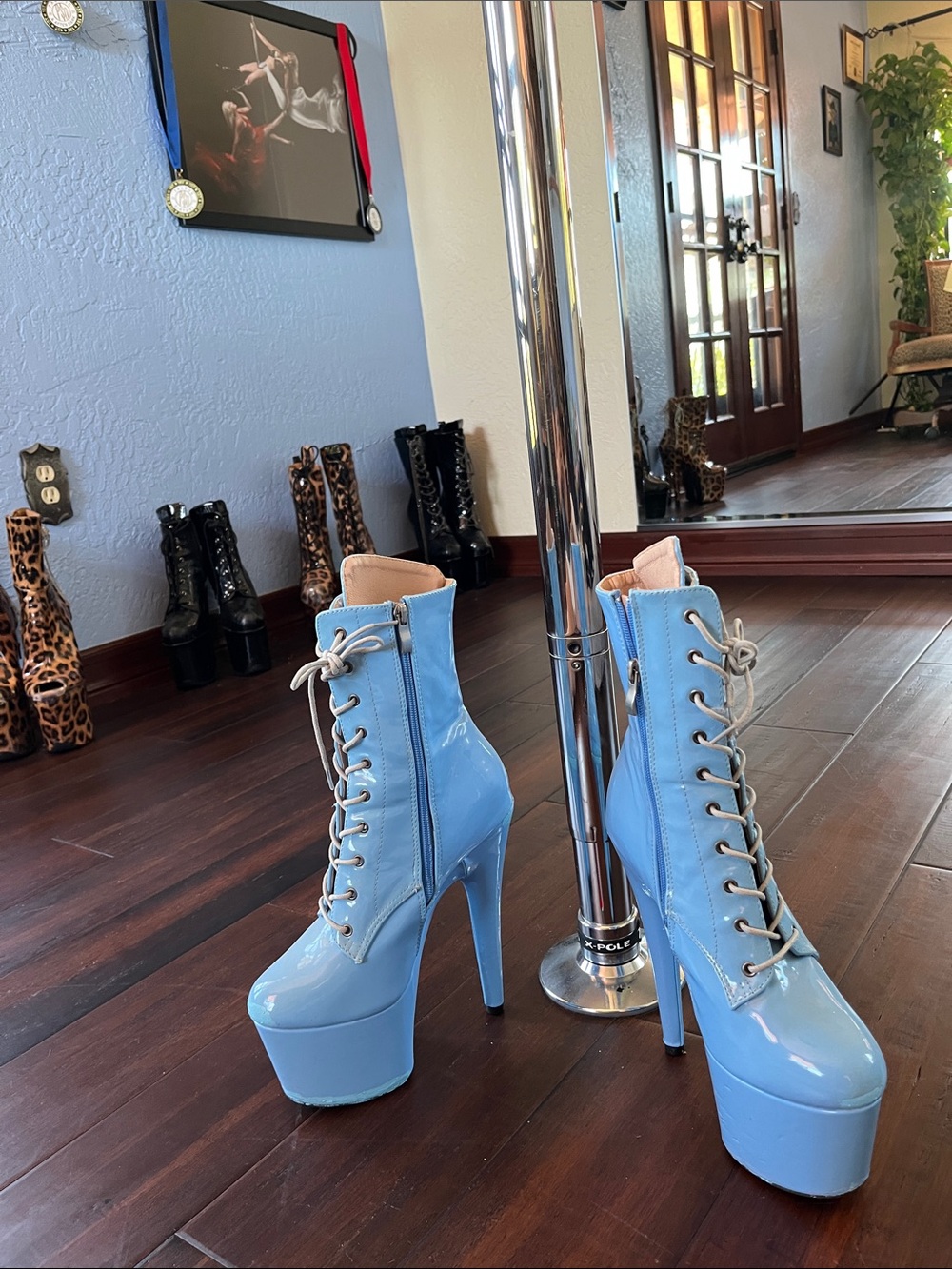 Pleaser Glossy Baby Blue Platform Lace-Up Ankle Boots